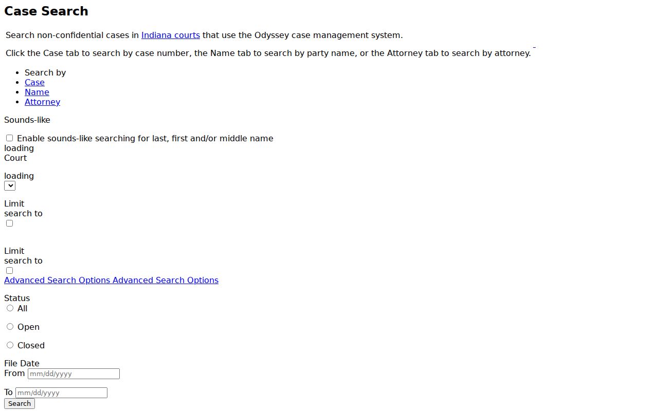 Indiana MyCase name and case search form used for Floyd County docket searches