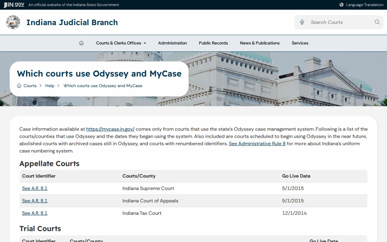 Indiana Odyssey court list showing Floyd County court codes