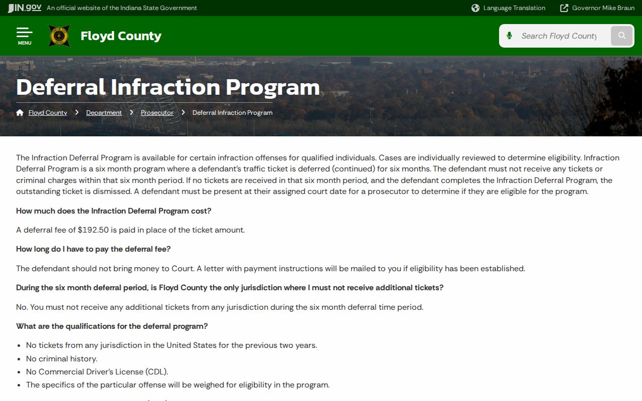 Floyd County Infraction Deferral Program requirements